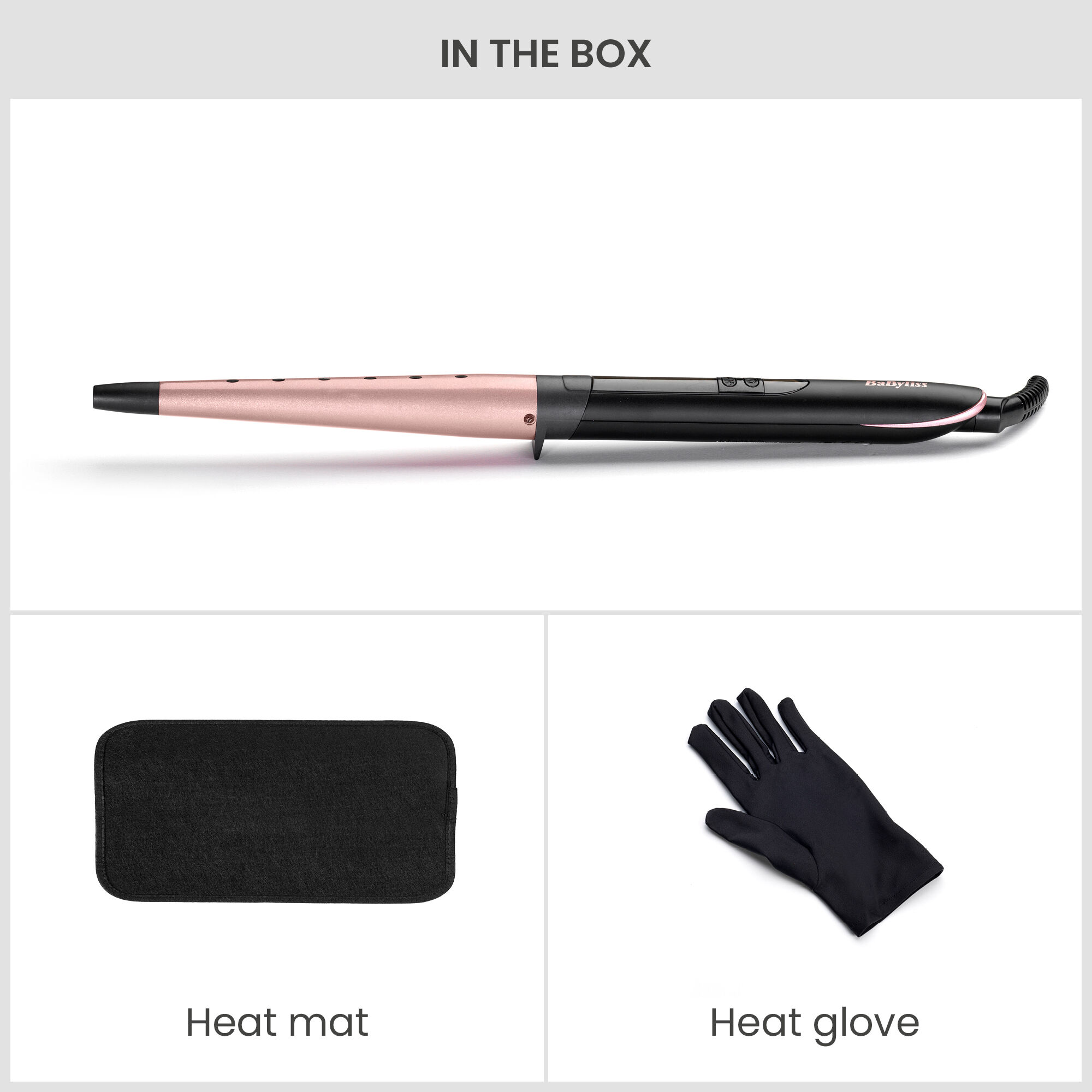 In the box: Curling Wand, Heat Mat & Heat Glove
