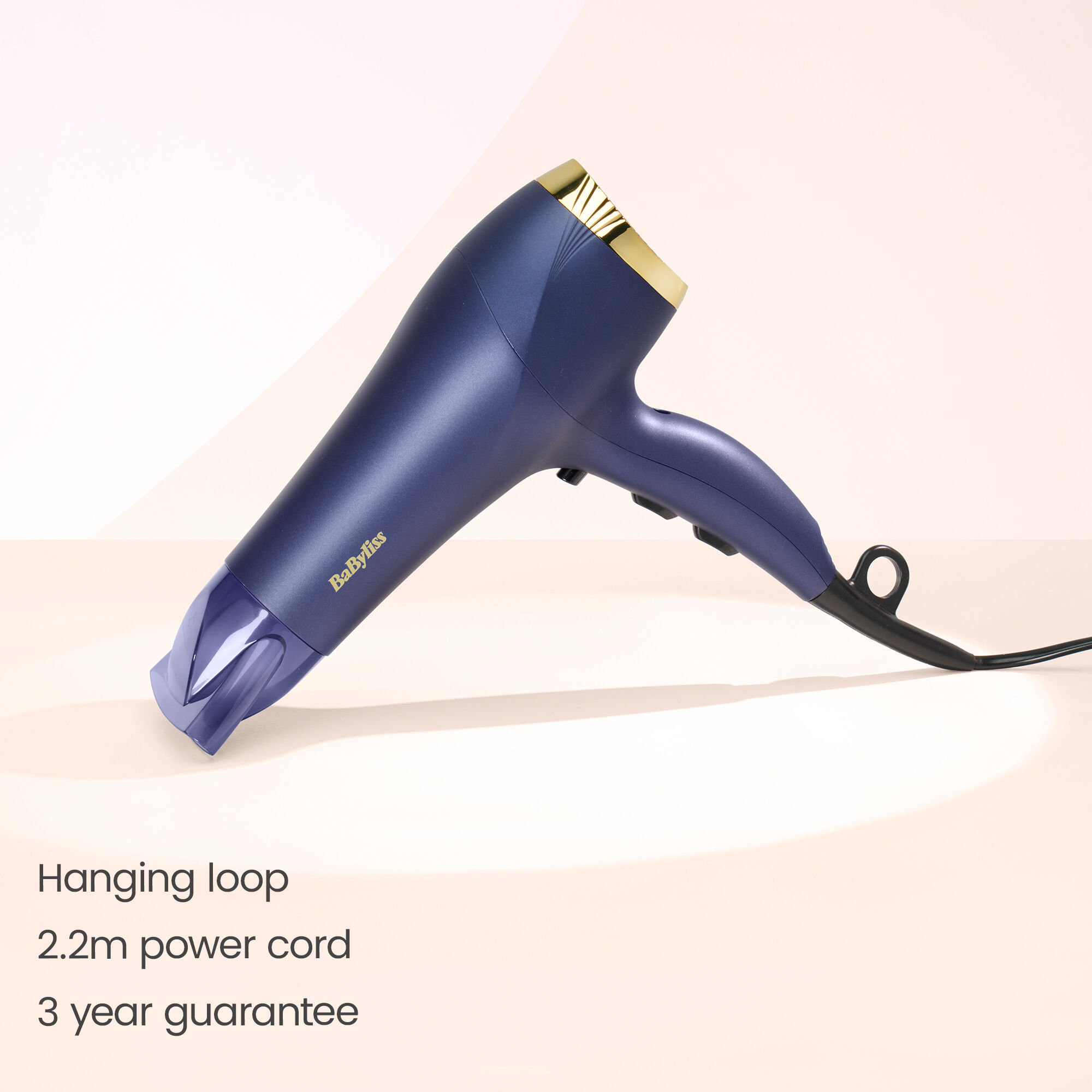 Hanging loop.  2.2m power cord. 3 year guarantee.
