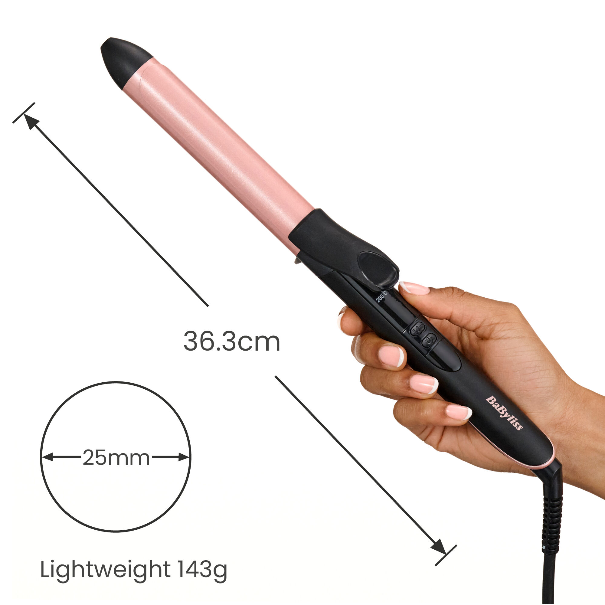 36.3cm long. 25mm diameter. Lightweight 143g