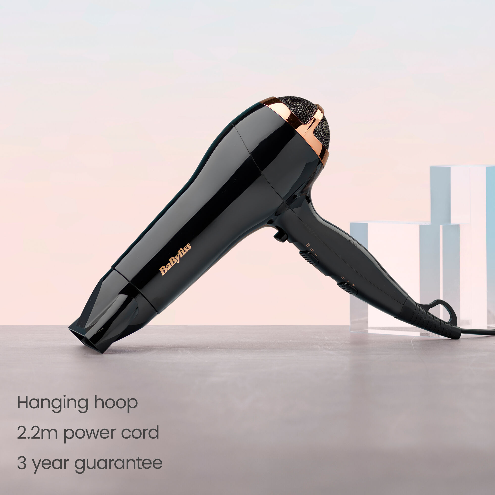 Hanging hoop. 2.2m Power Cord. 3 year guarantee.
