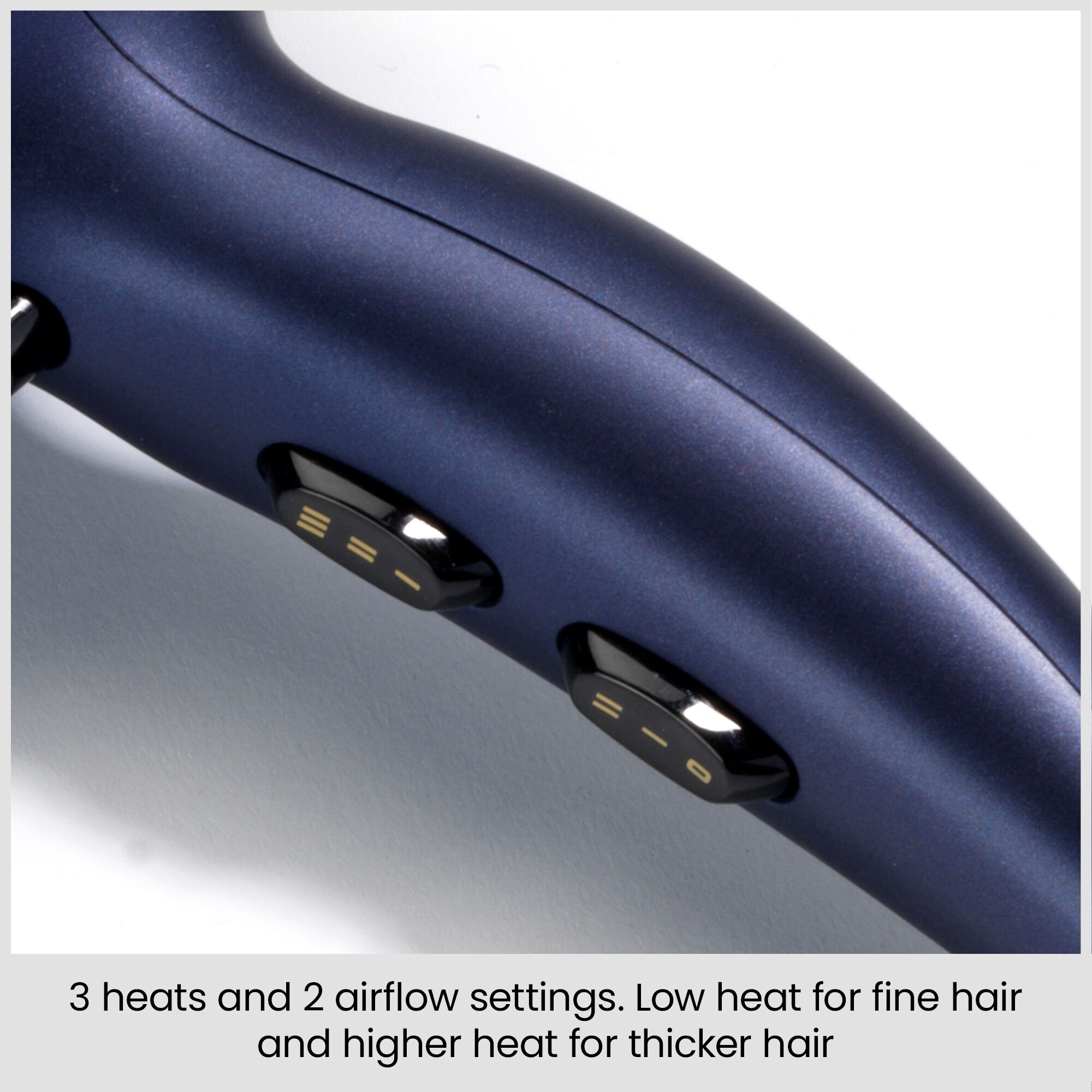 3 heats and 2 airflow settings. Low heat for fine hair and higher heat for thicker hair