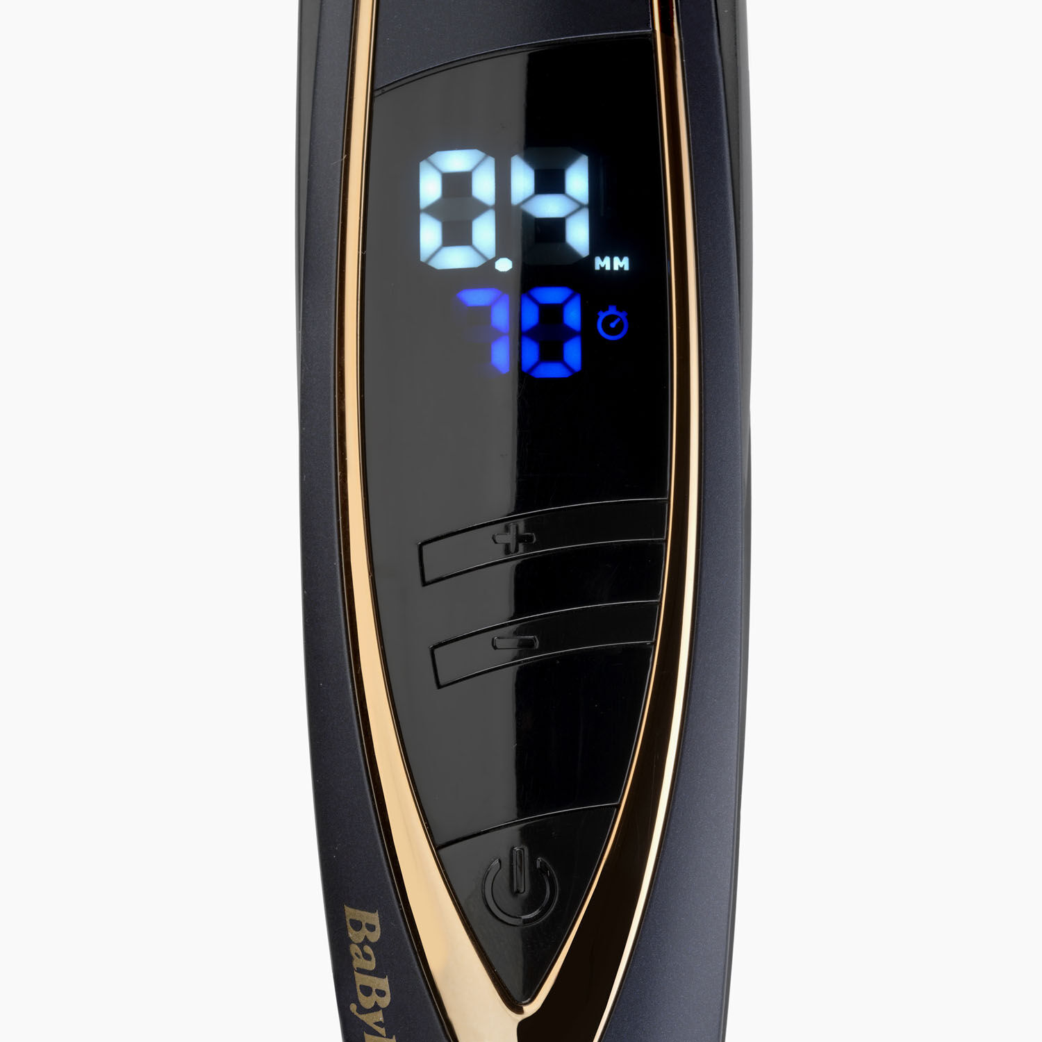 Digital display showing selected cutting length and time remaining on current charge.  Buttons to control cutting length