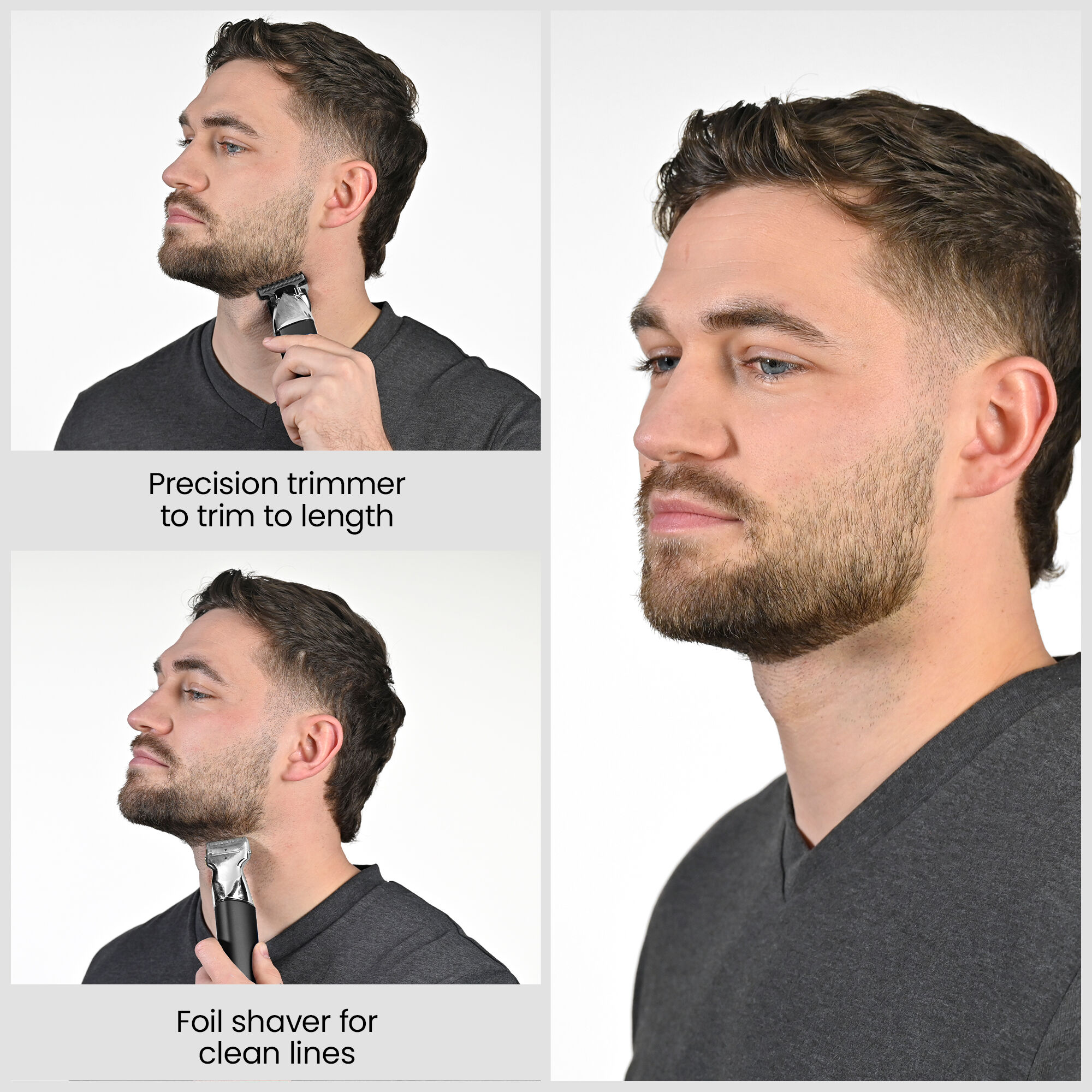 Precision Trimmer to trim to length.  Foil Shaver for clean lines