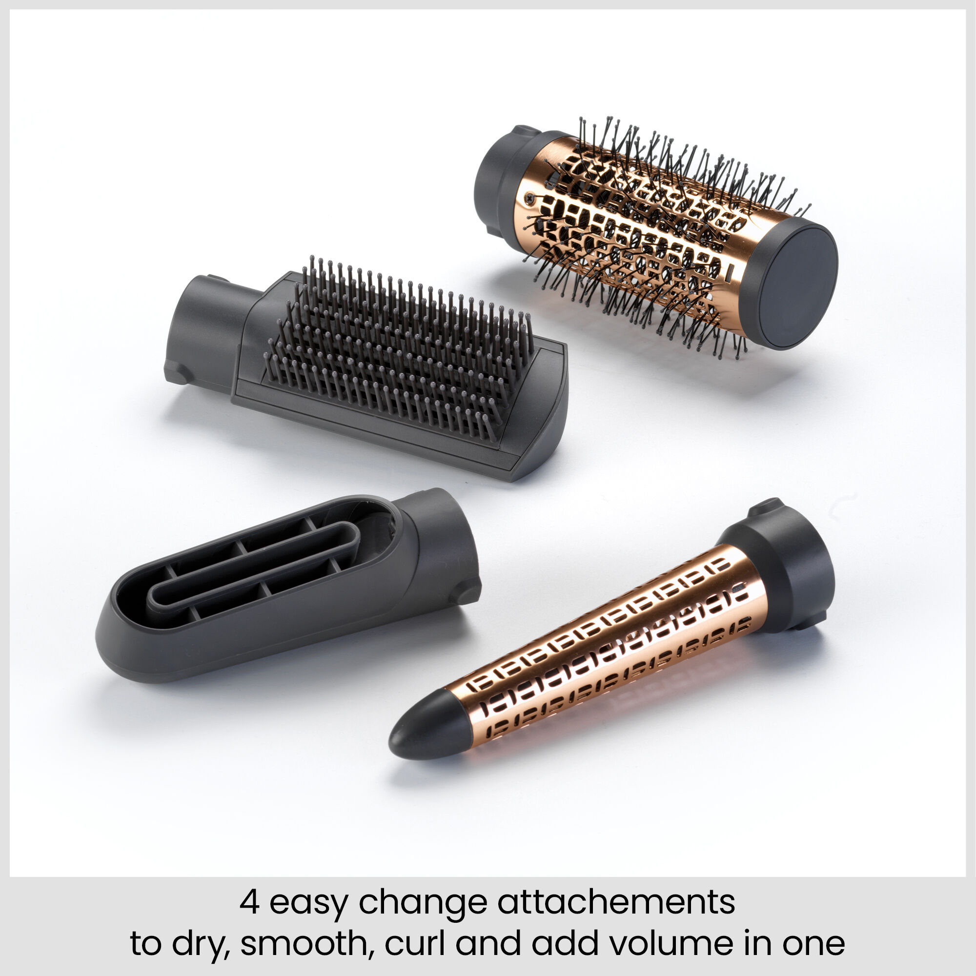 4 easy change attachments to dry, smooth, curl and add volume in one