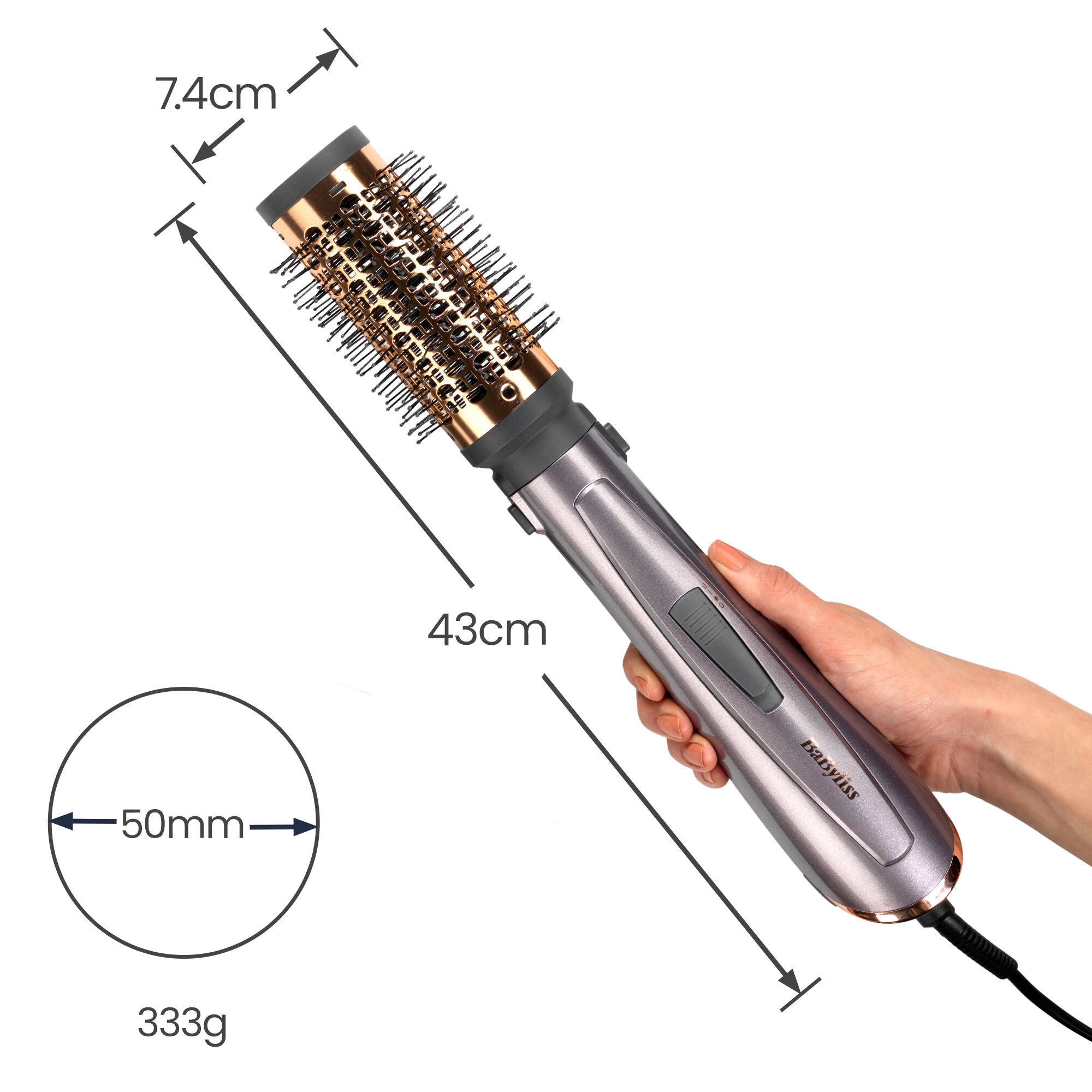 7.4cm x 43cm.  50mm diameter. 333g.