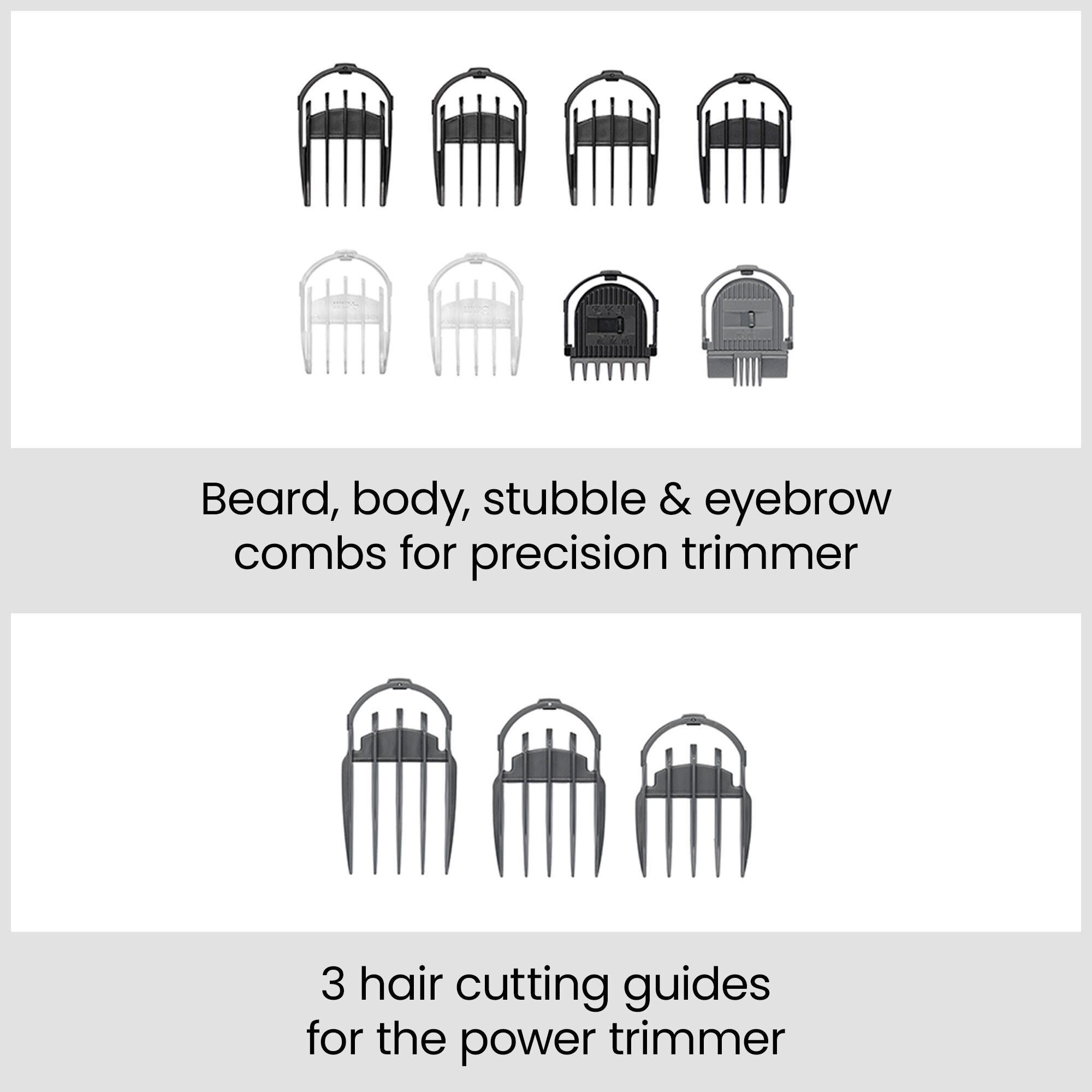 Beard, body, stubble & eyebrow combs for precision trimmer.  3 Hair cutting guides for the power trimmer