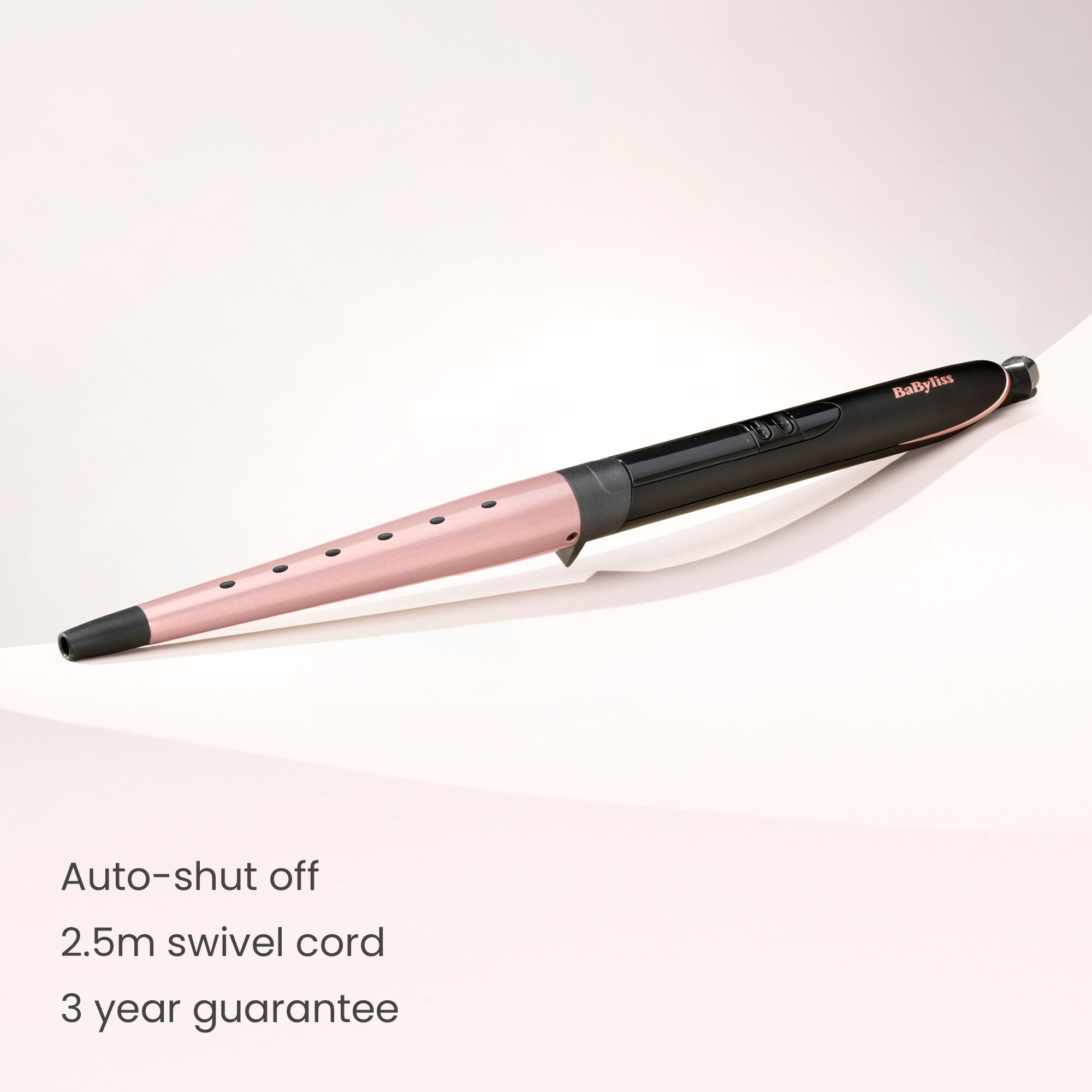 Auto-shut off. 2.5m swivel cord. 3 year guarantee.