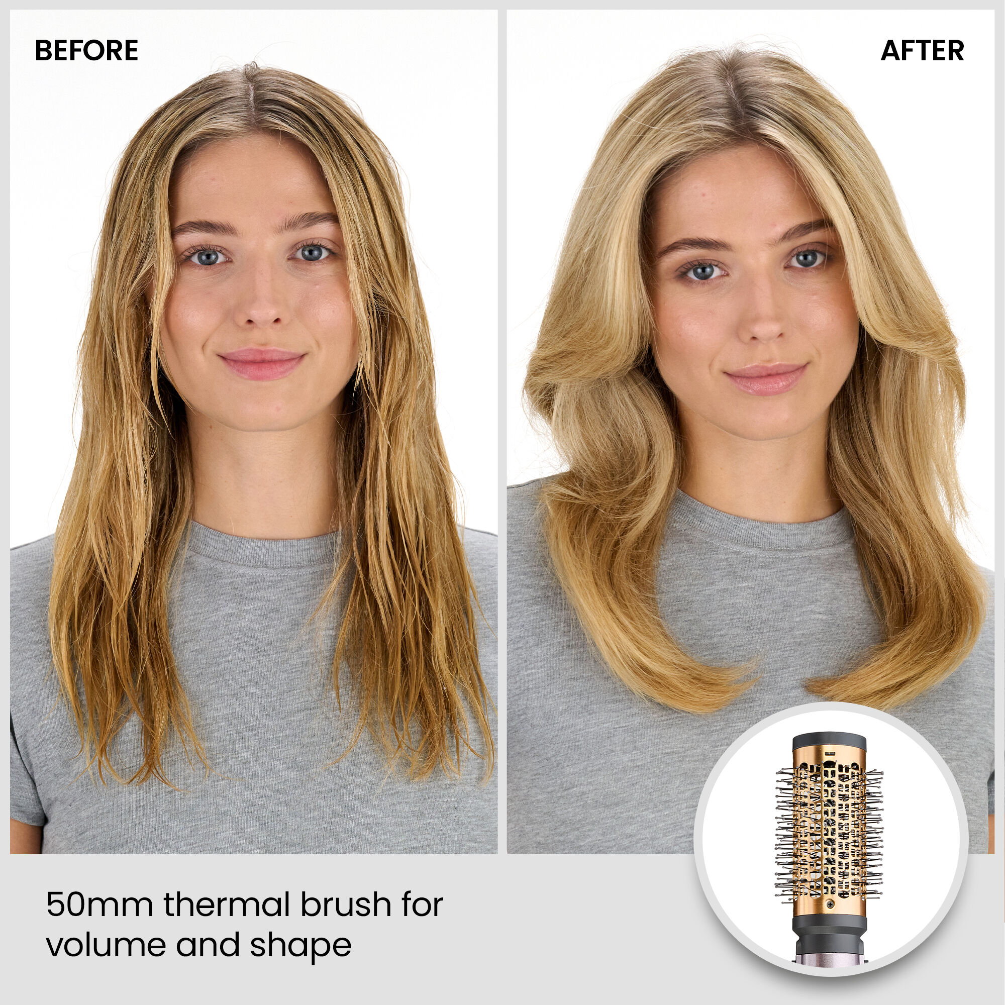 Before/After. 50mm thermal brush for volume and shape