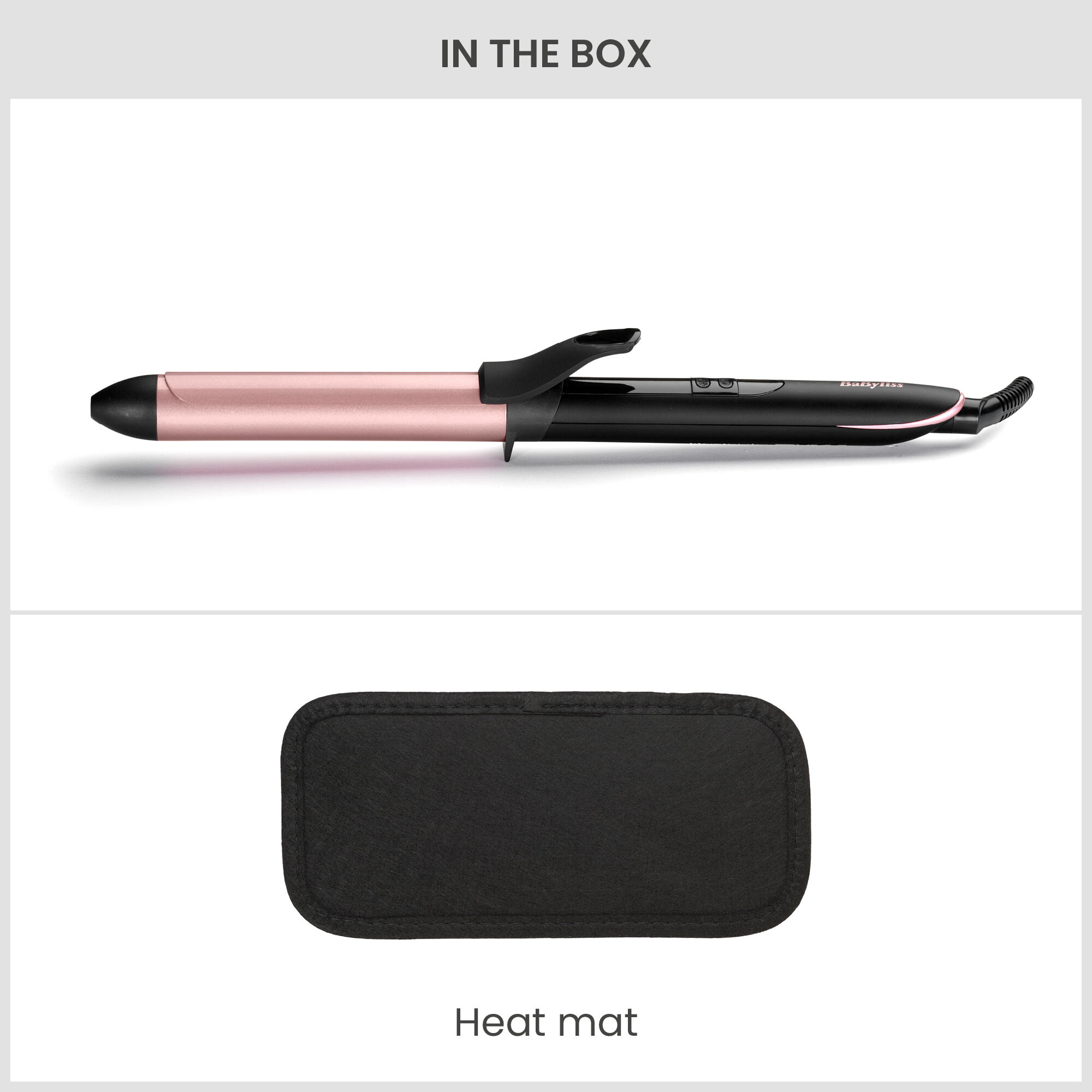 In the box: Curling Tong. Heat mat.