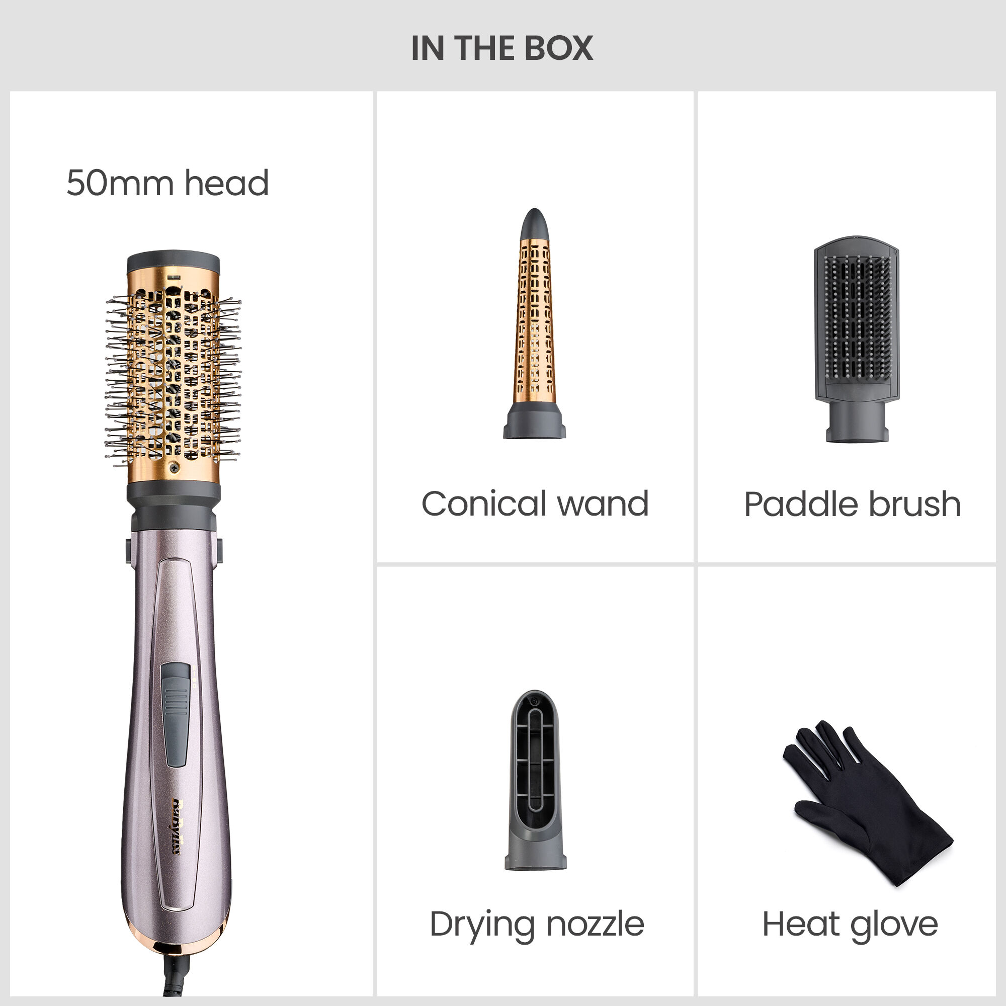 In the box: Air Style 1000, 50mm head, Conical Wand, Paddle brush, drying nozzle, heat glove