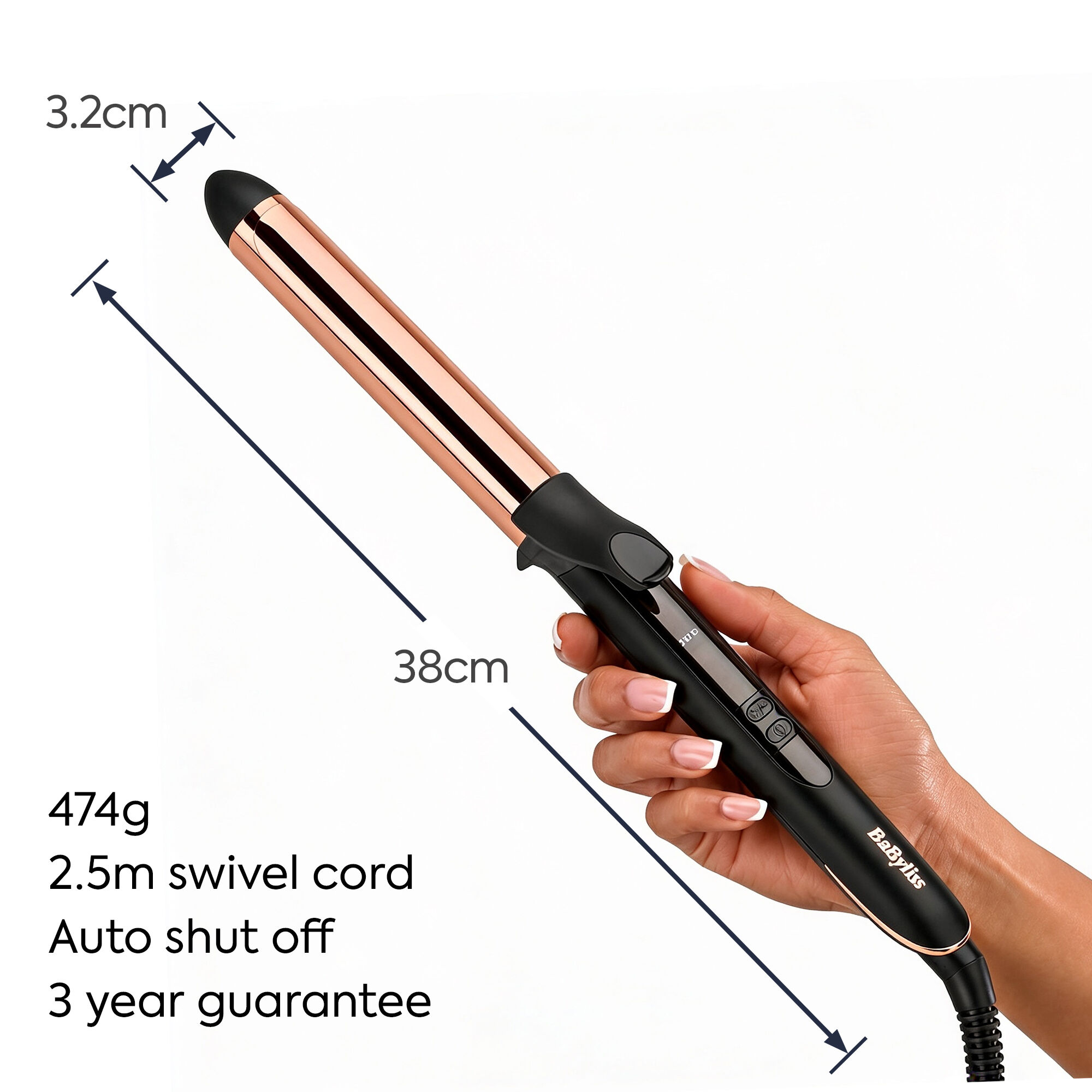 3.2cm x 38cm. 474g.  2.5m swivel cord. Auto shut off. 3 year guarantee.