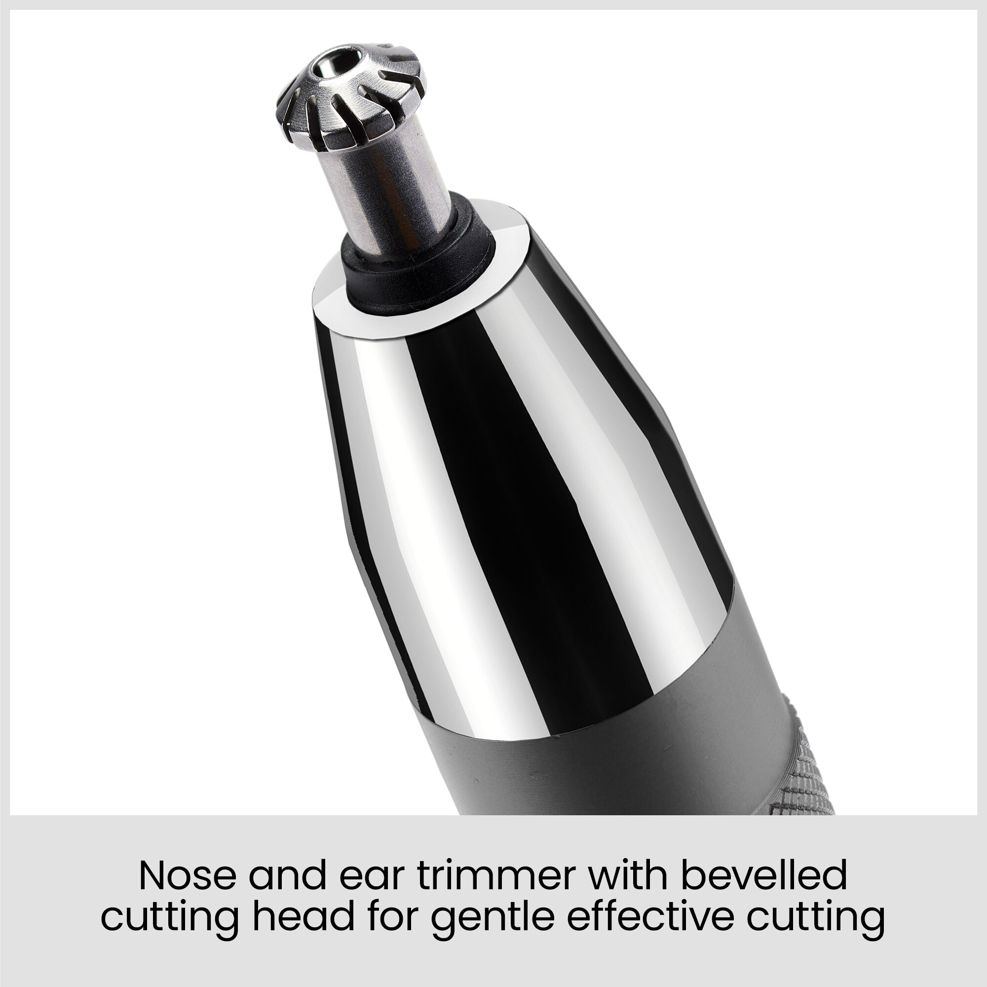 Nose and ear trimmer with bevelled cutting head for gentle effective cutting