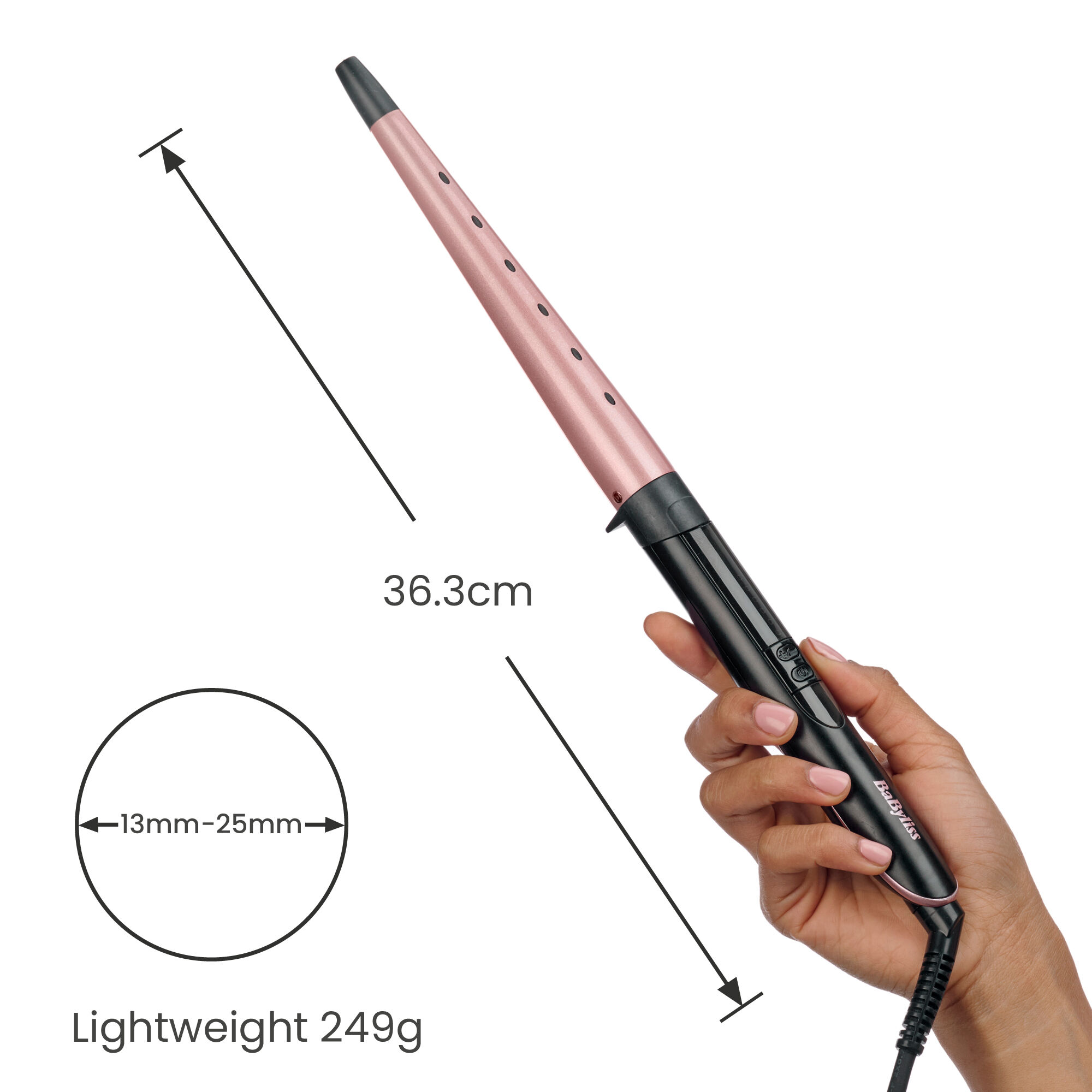 36.3cm length. 13mm&ndash;25mm diameter. Lightweight 249g.